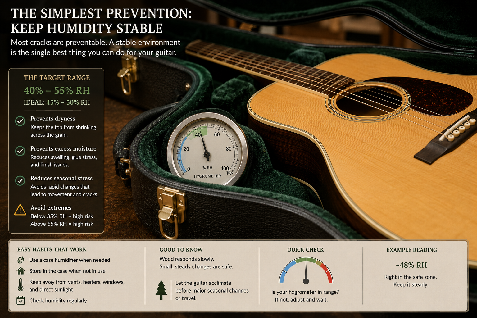 Acoustic guitar stored in its case with a hygrometer showing a stable midrange relative humidity.