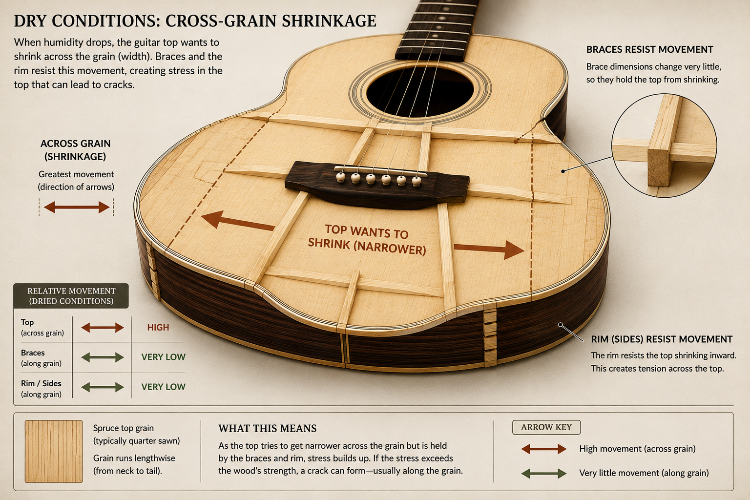 Acoustic guitar soundboard diagram showing cross-grain shrinkage during dry conditions while braces and the rim resist movement.