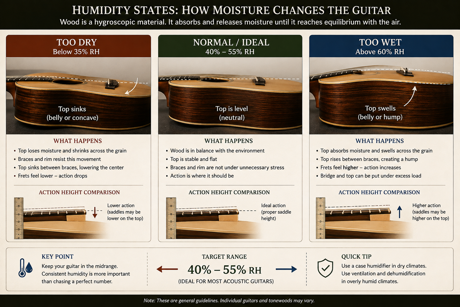 Comparison of dry, normally humidified and over-humidified acoustic guitar body geometry.