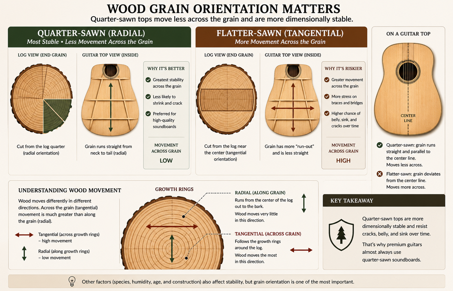 Wood grain diagram comparing quarter-sawn and flatter-sawn tonewood with radial and tangential shrinkage directions.