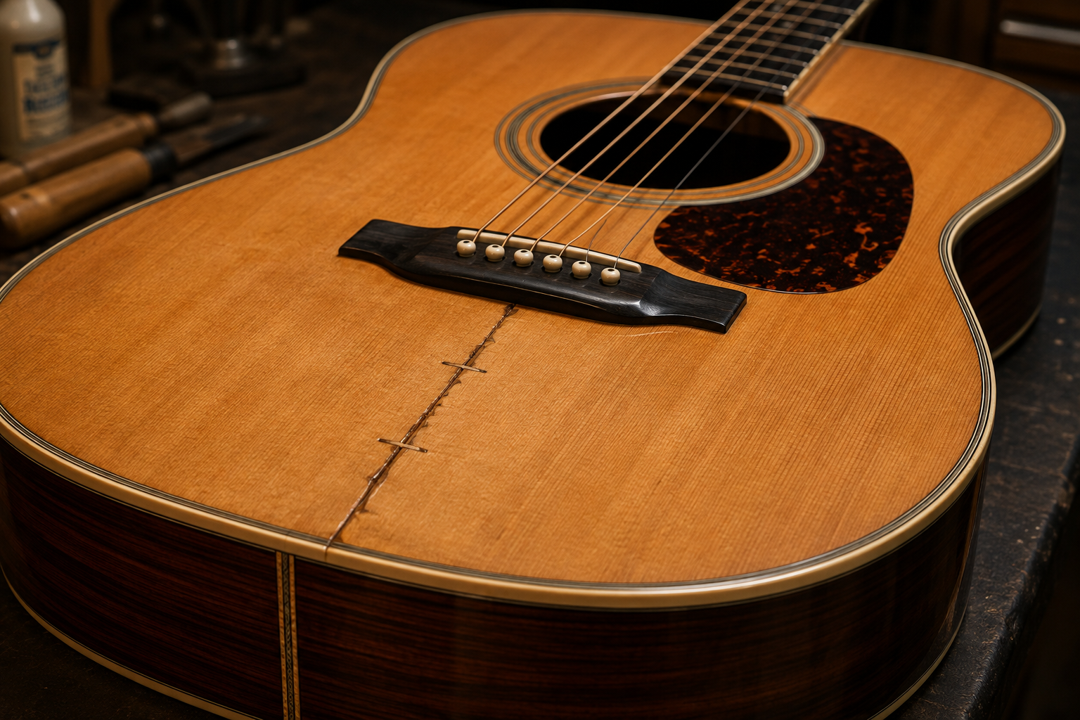 Close view of a solid-wood acoustic guitar showing a visible soundboard crack and the relationship between the top, bridge and sides.