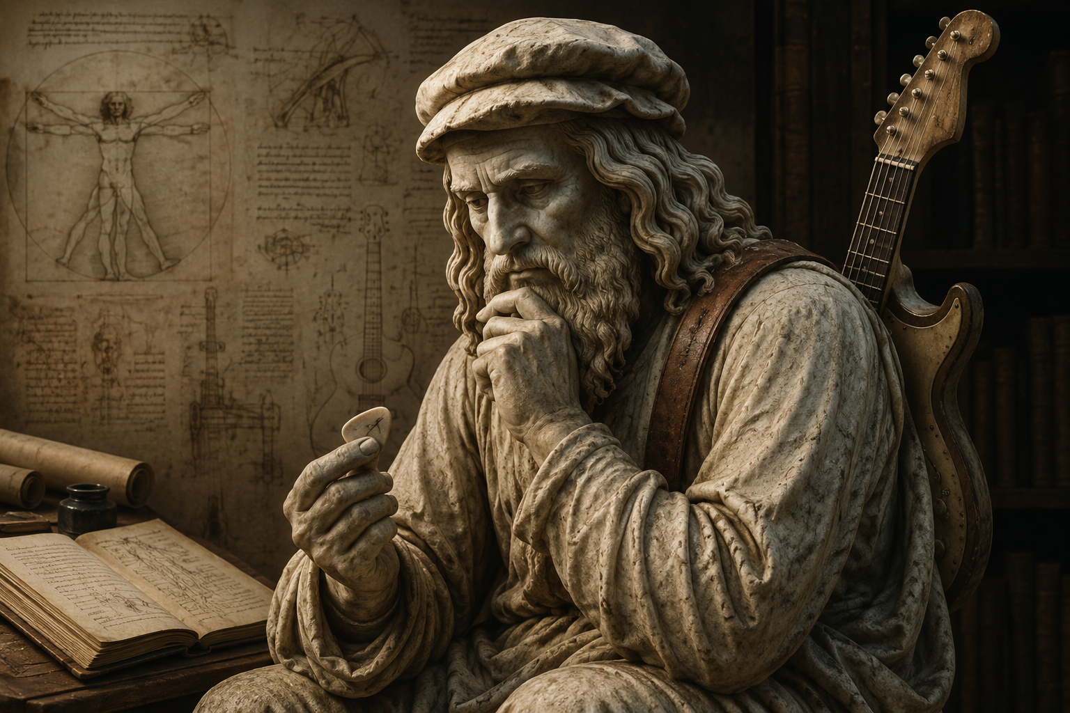 Renaissance-style thinking man statue holding a guitar pick with a guitar on his back, reflecting on music and craft.
