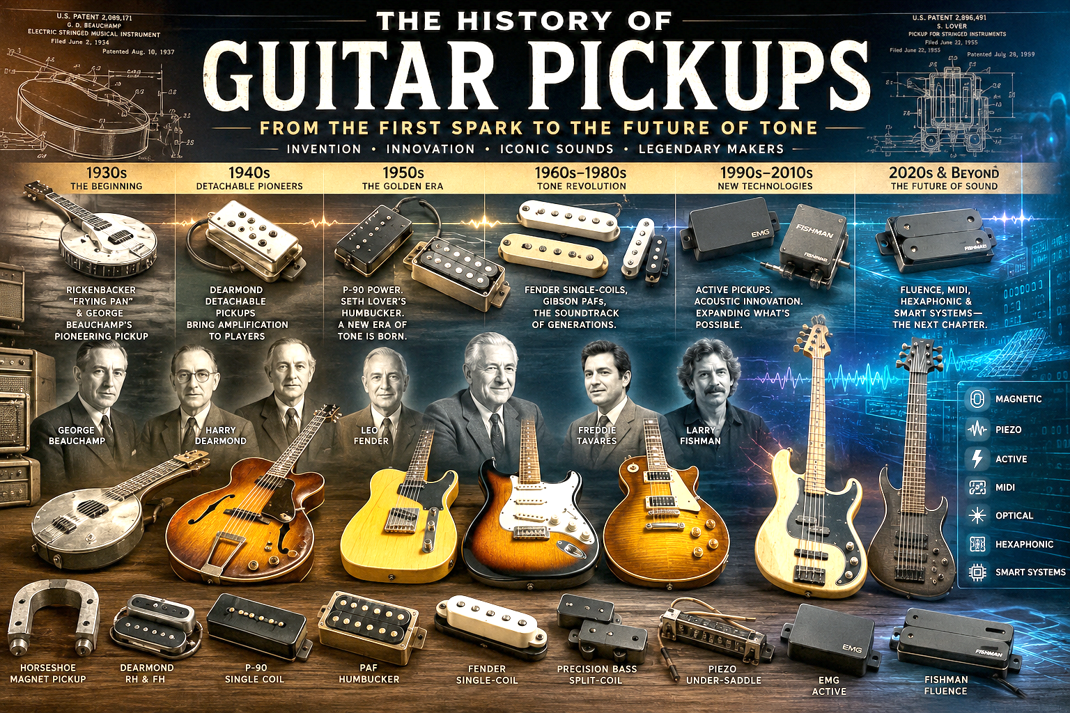The History of Guitar Pickups hero artwork showing a visual timeline from early electromagnetic pickups to modern guitar pickup technology.