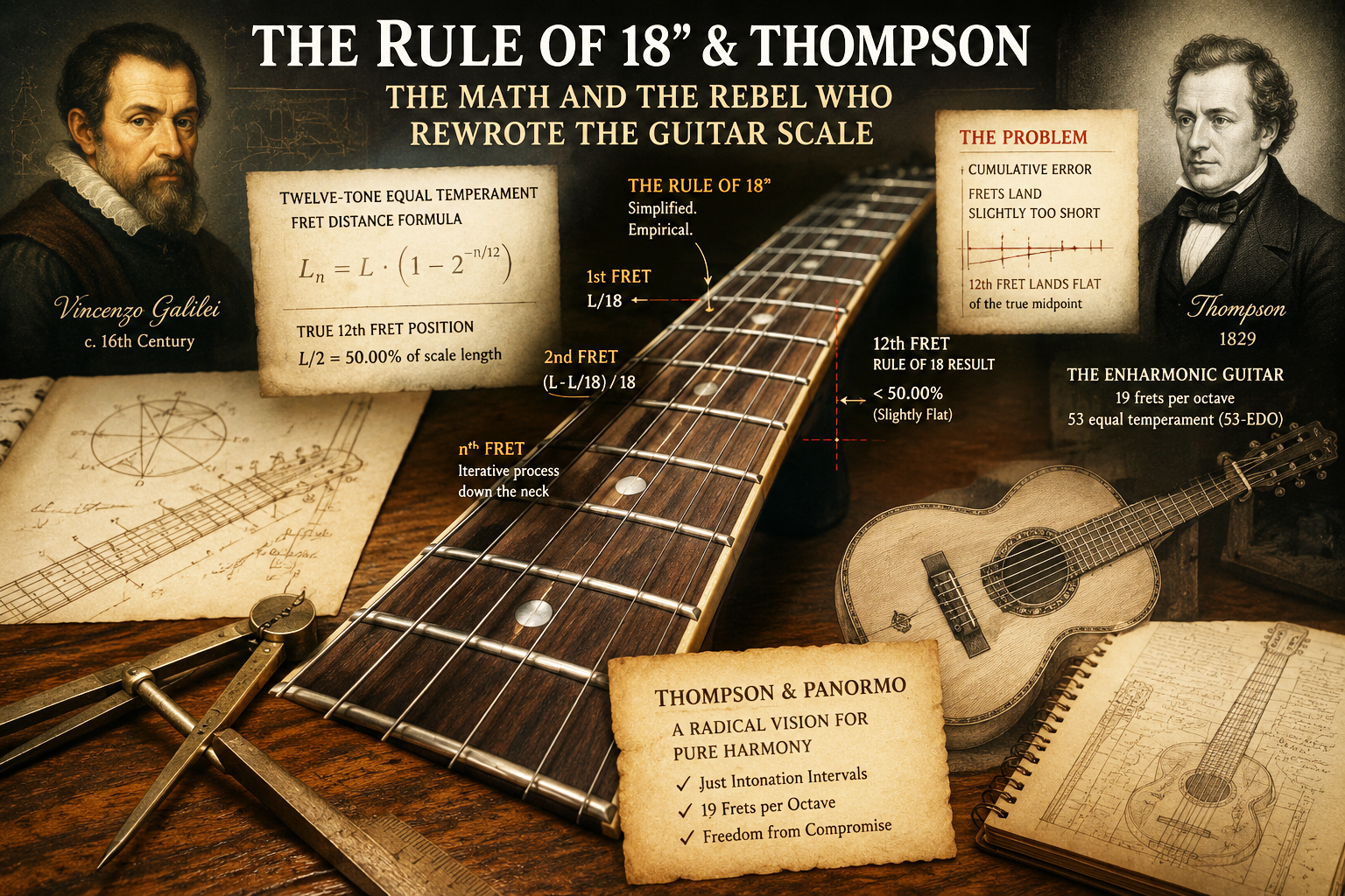 Vintage educational artwork showing the Rule of 18, Vincenzo Galilei, Thompson, and the geometry of the guitar fretboard.