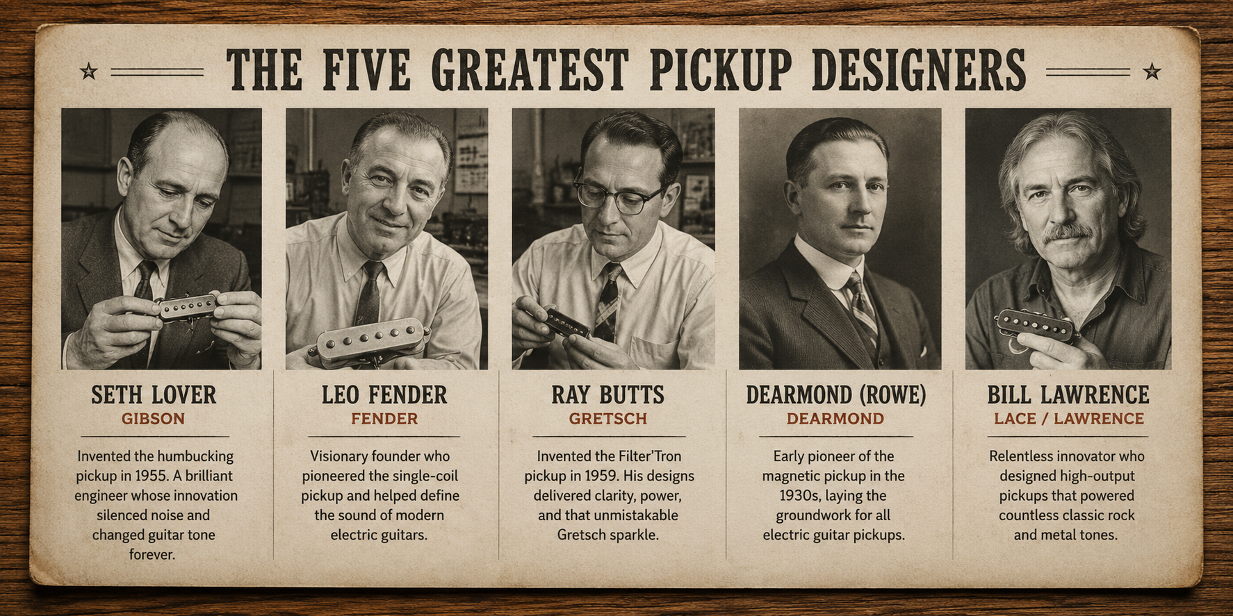 Vintage-style collage representing five influential guitar pickup designers and their contributions to electric guitar tone.
