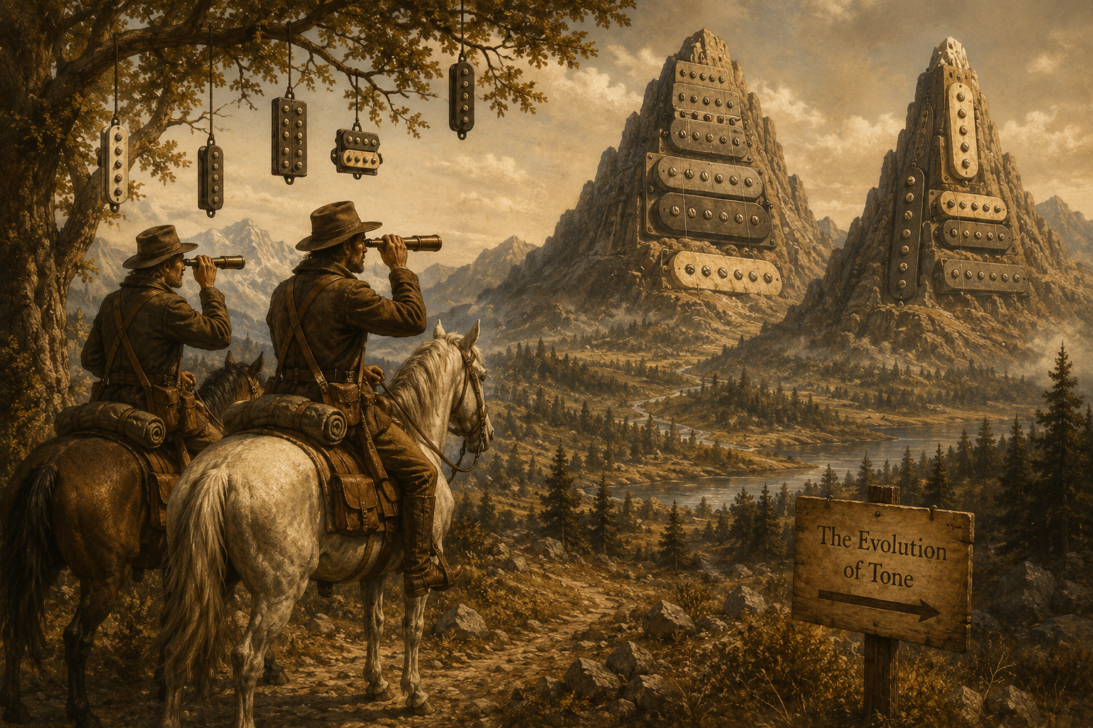 Two vintage explorers on horseback viewing mountains made of guitar pickups, representing the evolution of tone.
