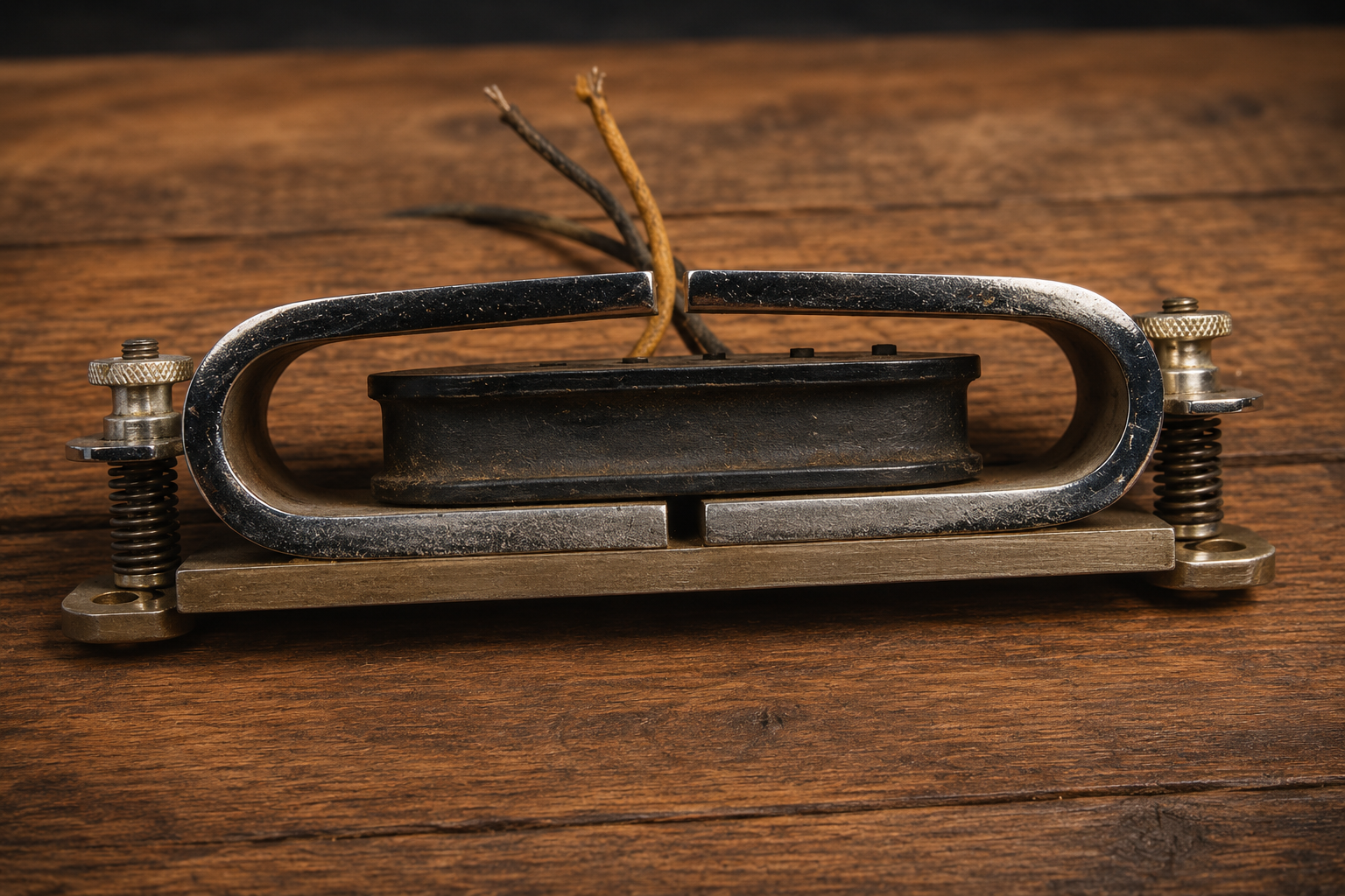 Vintage horseshoe guitar pickup inspired by the early Rickenbacker pickup design, shown on a wooden workbench.