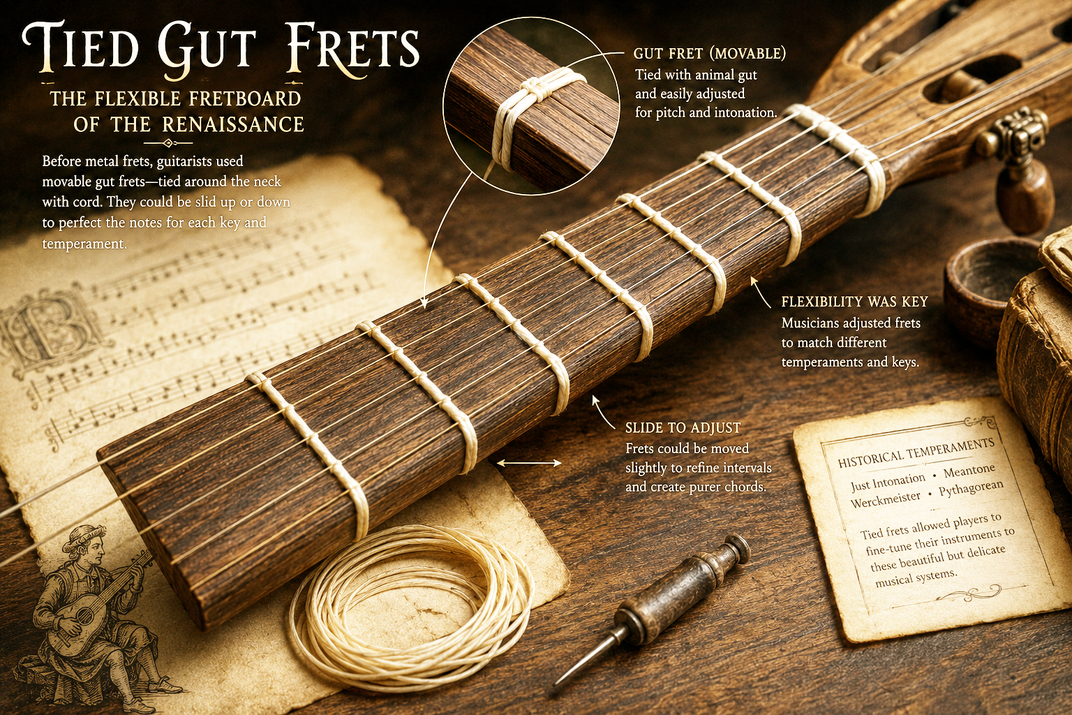 Image holder showing tied gut frets on a Renaissance-style guitar neck that can be slid to alter temperament.
