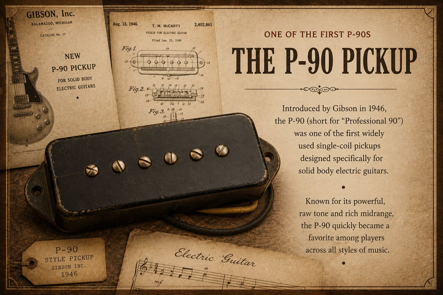Vintage Gibson P-90 pickup artwork showing one of the early P-90 pickup designs.